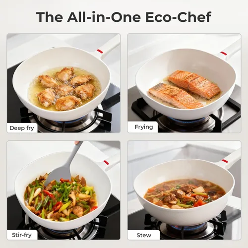 Vista 3 de Sartén Salteadora de Cerámica Antiadherente de 9.8 Pulgadas (3.2 QT) con Tapa, Sartenes Hondas de Freír de Aluminio Fundido, Sartén de Inducción