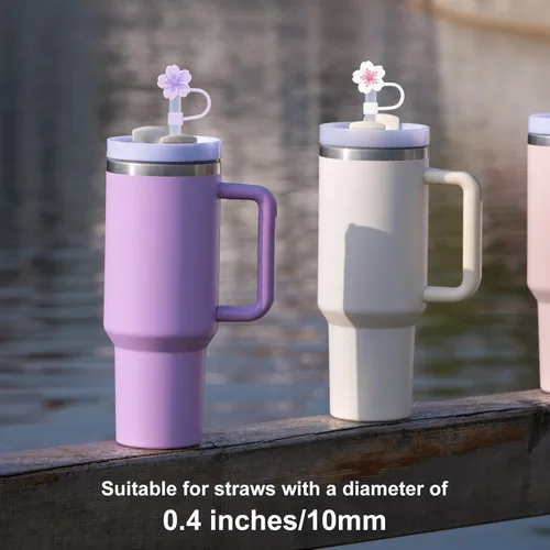 Vista 3 de Funda de popote para copa Stanley, 5 unidades, compatible con vaso de 30 y 40 onzas, bonitas fundas de silicona, tapa de pajitas de flores de 0.394