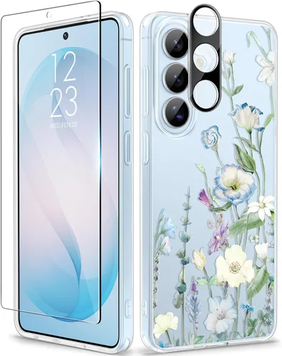 Vista 113 de GVIEWIN Funda protectora para Samsung Galaxy S25, transparente floral, delgada, a prueba de golpes, para mujer, no se pone amarilla, con protector