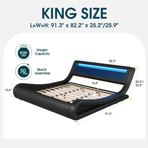 Vista 23 de WEEWAY Base de cama moderna tamaño Queen con cabecera de luces LED RGBW, diseño de trineo tapizado de perfil bajo, soporte de listones de madera