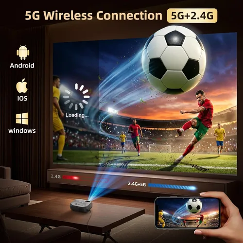 Vista 4 de FUDONI Proyector Bluetooth inteligente WiFi6, aplicaciones integradas Gris Negro