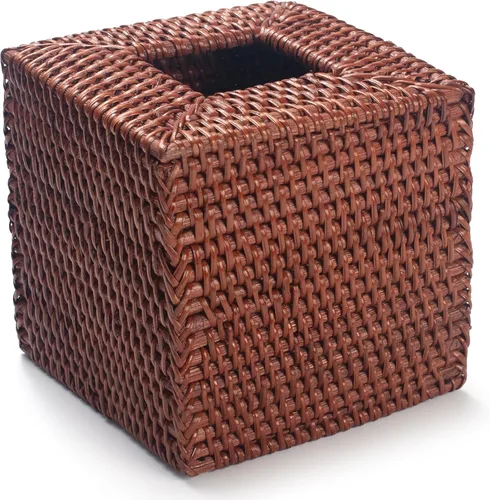 Vista 3 de Funda cuadrada de ratán para caja de pañuelos de mimbre, tejido a mano, 5.5 x 5.5 x 5.7 pulgadas, marrón miel