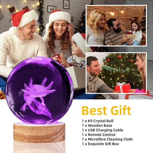 Vista 7 de Luz nocturna de bola de cristal de ajolote 3D con control remoto, lámparas de bola de vidrio de ajolote de 3.15 pulgadas con base de madera LED