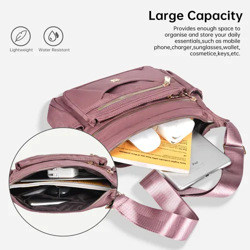 Vista 4 de Bolso de Mensajero para Mujer de Nylon Impermeable Bolso de Hombro Bandolera Ligero para Viaje con Múltiples Bolsillos