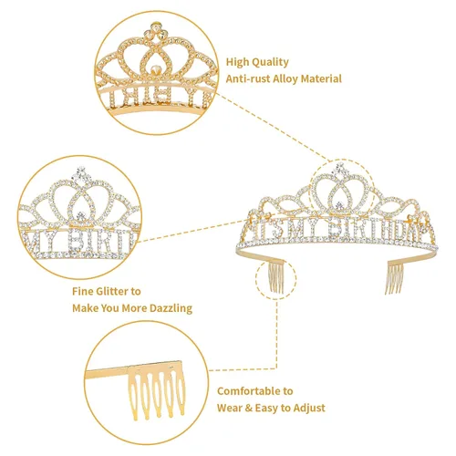 Vista 4 de Corona de cumpleaños para mujer adulta y banda de cumpleaños con purpurina para mujer, tiara de cumpleaños para mujer, sombrero de cumpleaños