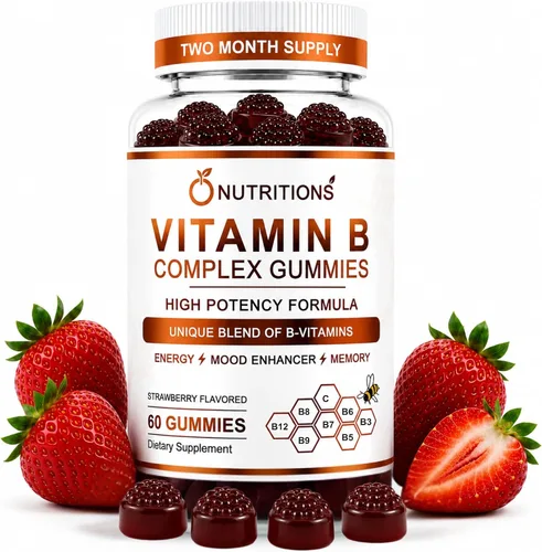 O NUTRITIONS Gomitas veganas de complejo de vitamina B con vitamina B12, B7 como biotina, B6, B3 como niacina, B5, B6, B8, B9 como folato para el