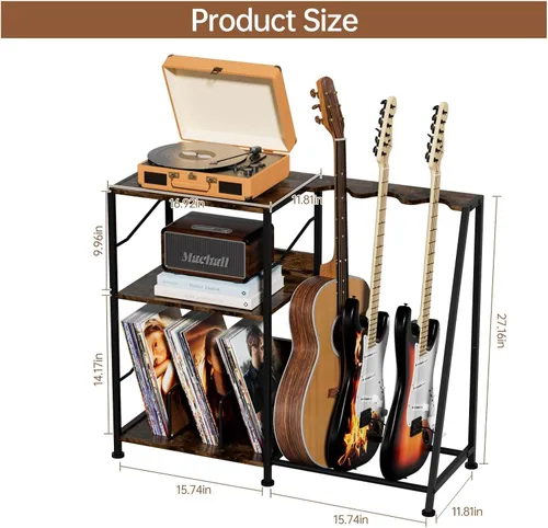 Vista 4 de Hosfais Soporte para tocadiscos, soporte de guitarra de 3 niveles para guitarra acústica, guitarra eléctrica, soporte para bajo, almacenamiento