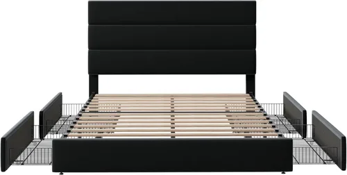 Vista 8 de Allewie Base de cama moderna de tamaño matrimonial con 4 cajones de almacenamiento y cabecera tapizada de terciopelo, soporte de listones de madera