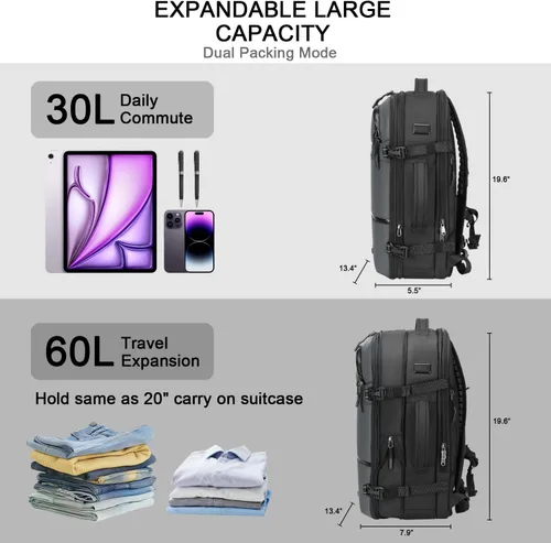 Vista 5 de SOAEON Mochila al vacío con bomba impermeable debajo del asiento mochila de transporte con sellado al vacío compresión para avión, Gris, Grande