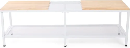 Vista 6 de Displays2go Mesa de exhibición de madera y acero, encimeras de paulownia con estantes de malla de hierro - blanco (FDCASABN)