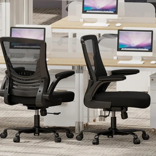 Vista 9 de Silla de oficina ergonómica: cómoda silla de escritorio de malla con reposabrazos abatibles y ruedas silenciosas, silla de computadora de altura