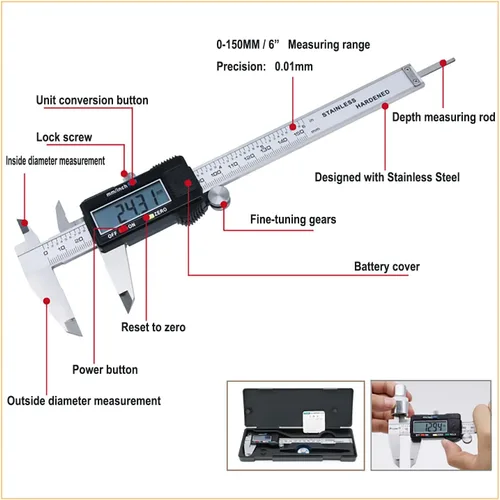 Vista 4 de Calibre Digital, Calibradores Digitales Electrónicos, YKLSXKC Calibradores de 0-6" Herramienta de Medición, Construcción de Acero Inoxidable