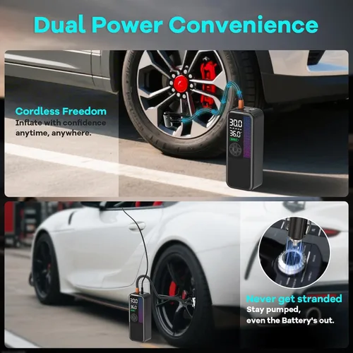 Vista 6 de Inflador de neumáticos, compresor de aire portátil, bomba de aire inalámbrica de 150 PSI, potencia dual de 6000mAh, enchufe de coche de 12V CC