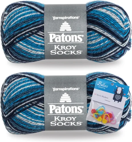 Vista 5 de Patons Kroy Ovillo de lana para calcetines Paquete de 2 con marcadores de punto de Bella's Crafts (Azul Marrón Marl)