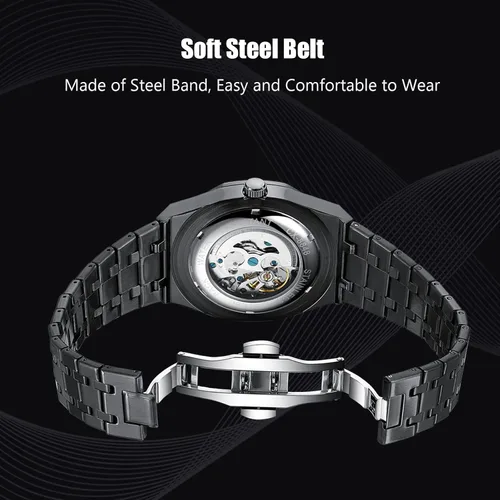 Vista 5 de RORIOS Reloj de negocios para hombre, reloj mecánico automático, reloj luminoso con correa de acero inoxidable, reloj de pulsera de cuerda automática
