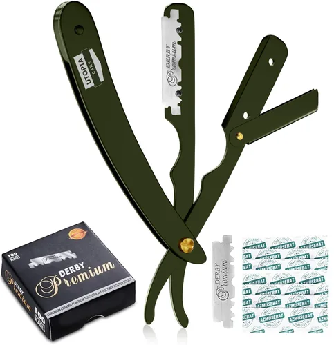 Vista 11 de Utopia Care - Rasuradora de seguridad profesional, para peluquero, de borde recto, con 100 cuchillas Derby, 100 % acero inoxidable, (plateado)