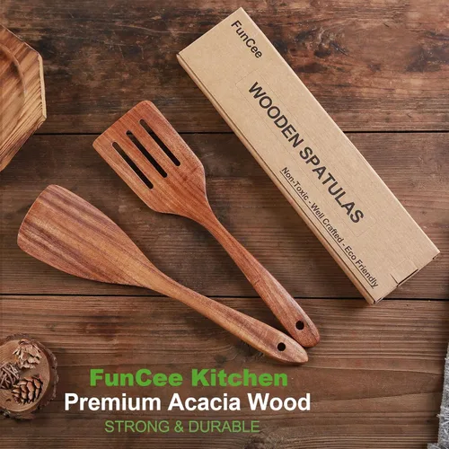 Vista 5 de Paquete de 2 espátulas de madera, espátula de madera de acacia con mango largo, cucharas de madera hechas a mano para cocinar, juego de utensilios