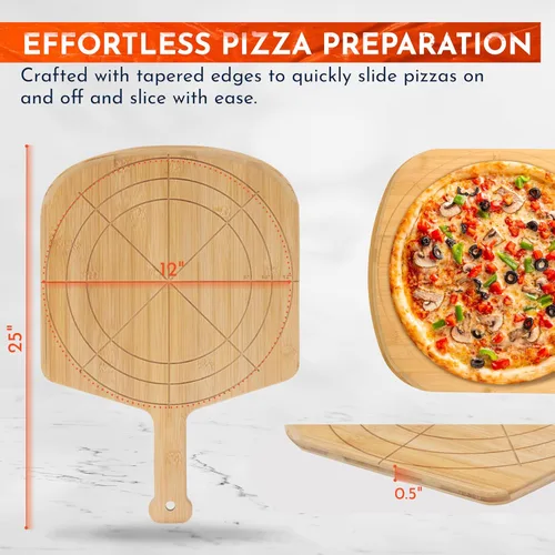 Vista 2 de Loftern Pizarra de madera de 12 pulgadas con tamaños grabados, tabla de cortar de pizza de bambú multiusos, cáscara de pizza de madera, espátula