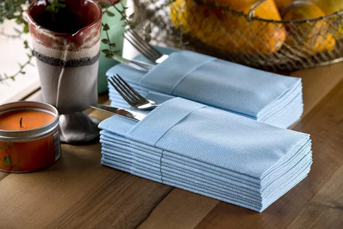 Vista 4 de Servilletas de papel desechables azul bebé con bolsillo incorporado para cubiertos, servilletas de tacto de lino absorbentes para cocina, baño