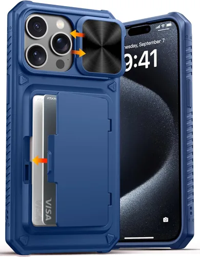 Vista 84 de ATATOO Funda tipo cartera para iPhone 16e, tarjetero integrado (3-5 tarjetas) y funda de cámara deslizante y bloqueo RFID, protección de grado Azul