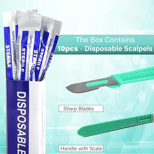 Vista 2 de Bisturíes desechables estériles, podología y cuchillo profesional de maíz, cuchillas de acero al carbono de precisión con mango de plástico - Bolsas