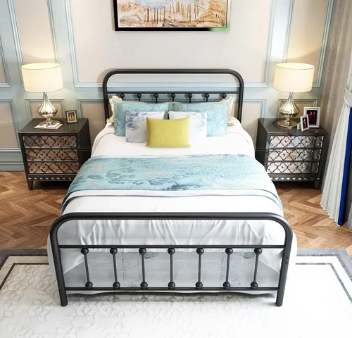 Vista 39 de TEMMER - Cama con estructura de tubos de metal de tamaño queen con cabecera, piecera y base de colchón de plataforma única, 8013 8033 8018.
