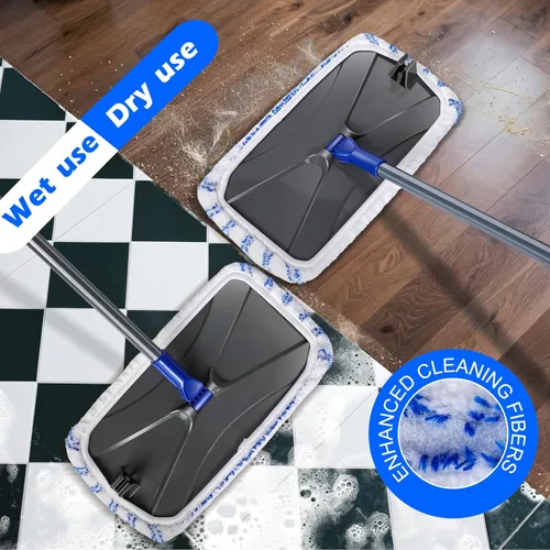 Vista 4 de MASTERTOP Trapeador plano de microfibra, mopa extendida para suelos húmedos y secos con 5 almohadillas reutilizables y mango telescópico, mopas
