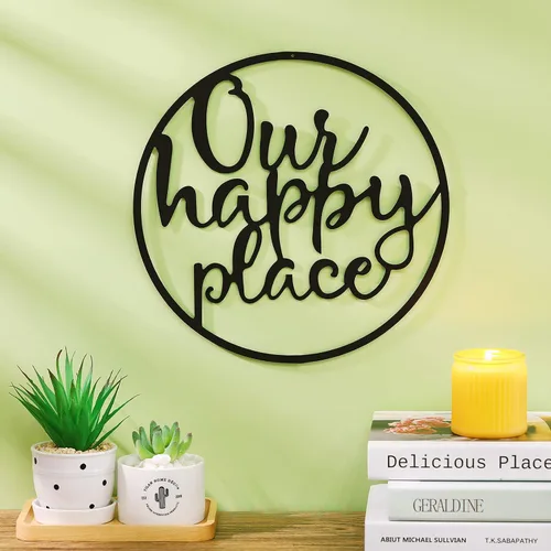 Hotop Letrero de pared de metal con texto en inglés «Our Happy Place» para colgar en la pared, placa para decoración de pared para el hogar, sala de