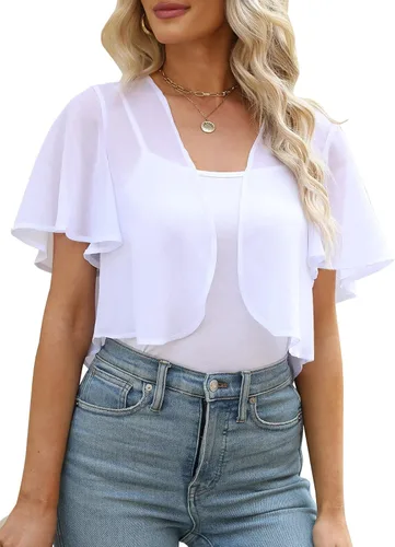 Cárdigan de verano para mujer, con frente abierto, manga corta, con volantes, recortado, de gasa, bolero