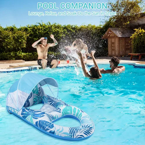 Vista 6 de Flotadores de piscina para adultos con dosel, gran silla inflable extra grande con cubierta ajustable para sombra solar, soporte para bebidas