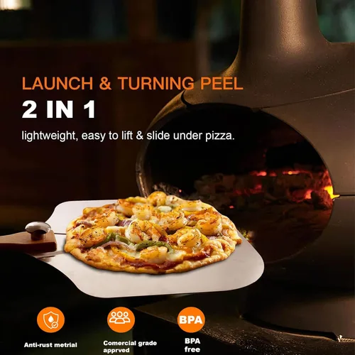 Vista 4 de Pala de pizza de metal de aluminio (12 x 14 pulgadas), espátula para pizza con cortador basculante de 14 pulgadas, paleta de pizza con mango