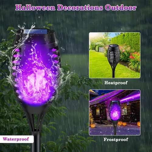 Vista 3 de Luces solares moradas de Halloween para decoraciones de Halloween al aire libre, luces de antorcha solares con llama parpadeante para decoraciones