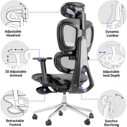 Vista 4 de Ergo3D - Silla de oficina ergonómica con reposabrazos ajustable 3D, respaldo alto, silla de computadora giratoria ejecutiva de malla, color negro