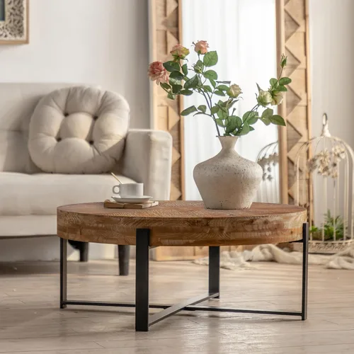 Vista 3 de Knocbel Mesa de centro redonda moderna de diseño simple con parte superior de mesa empalmada de grano de madera y base de patas cruzadas de metal