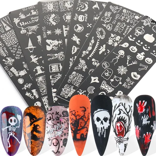 Vista 10 de Juego de 6 plantillas de estampado de uñas con líneas francesas, flores, hojas, diseño de corazón sonriente, kits de estampado artístico