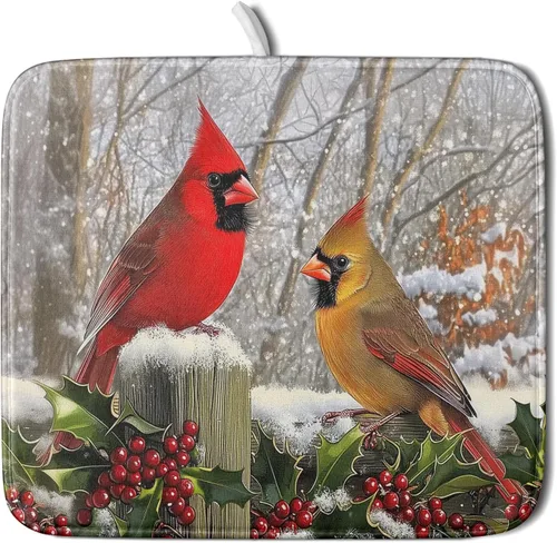 Vista 87 de Tapete de secado de platos con diseño de pájaro rojo de Feliz Navidad, absorbente y de secado rápido, protector para encimera de cocina, 18 x 24