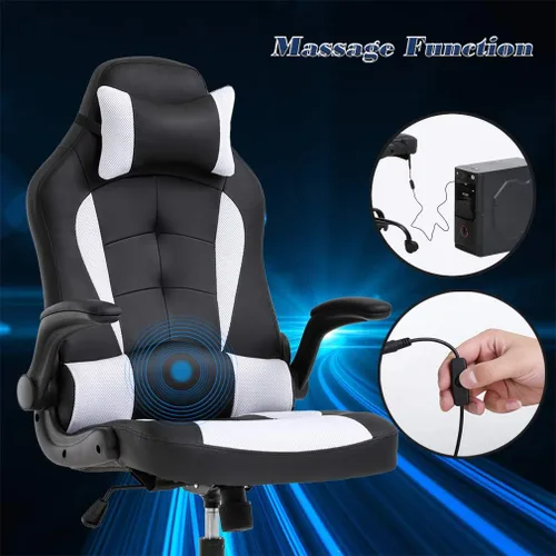 Vista 4 de Silla de escritorio ergonómica para videojuegos, de piel sintética, con reposacabezas y reposabrazos, Moderno, Blanco