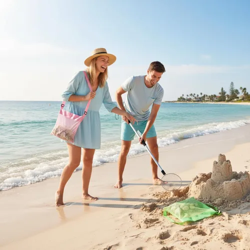 Vista 6 de Roshtia 2 piezas de tamiz de dientes de tiburón con 2 bolsas de playa de malla para la playa, cuchara de tamiz de arena para recoger conchas