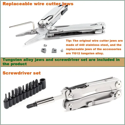 Vista 7 de Alicates multiherramienta Tijeras con mordazas reemplazables de bolsillo de acero inoxidable, alicates y tijeras con clip de bolsillo para camping