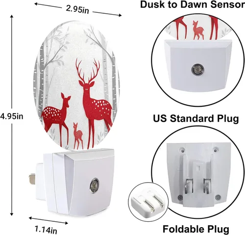 Vista 3 de LEDLAMP3009 - Luz nocturna con enchufe de ciervo, árbol de abedul de invierno, cuerno, vida silvestre, lámpara de noche de Navidad, sensor