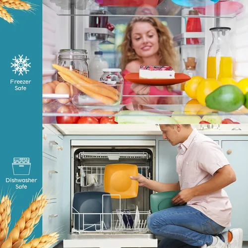 Vista 4 de Teivio Juego de vajilla cuadrada de paja de trigo de plástico de 16 piezas para 4, platos de cena irrompibles, platos de ensalada, cuencos