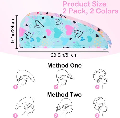 Vista 6 de Basumee Toalla Envolvente de Microfibra para el Cabello para Niños Paquete de 2 Toallas de Cabello de Secado Rápido con Botón Turbantes para Cabello