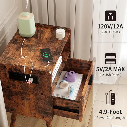 Vista 64 de Mesita de noche moderna de mediados de siglo con estación de carga, mesitas de noche con cajón de cristal, mesa auxiliar con espacio