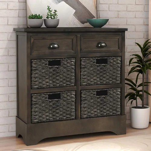 Vista 17 de P PURLOVE Armario de almacenamiento de estilo retro con 2 cajones de madera y 4 cestas de mimbre para el hogar, cocina, entrada, sala de estar