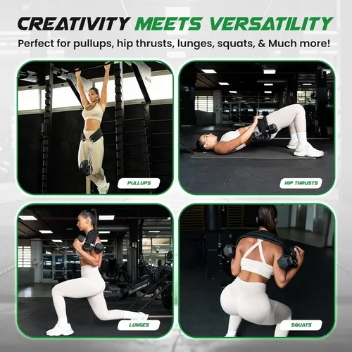 Vista 3 de Heavy Duty Hip Thrust Belt for Dumbells, Kettlebells, and Plates - Glute Workout at Home, Gym, and Travel - Dip and Pullup Belt (Chain Included)