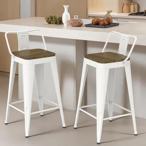 Vista 27 de Juego de 4 taburetes de bar de metal, taburetes de bar con respaldo alto con asiento de madera, taburetes de bar negros de 24 pulgadas para isla