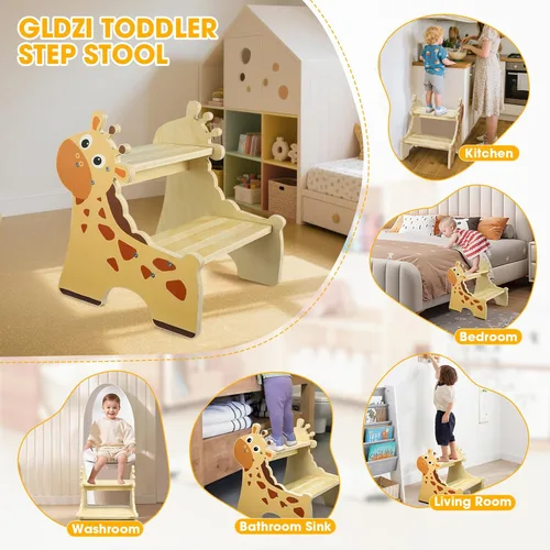 Vista 5 de Taburete para niños pequeños, taburete de madera de 2 escalones para niños pequeños con base antideslizante, bonito diseño impreso para Jirafa