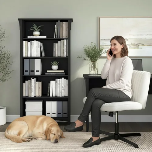 Vista 4 de Bush Home Salinas 5 Shelf Bookcase in Vintage Black, Tall Bookshelf, Large Book Shelf for Living Room, Home Office, or Entryway