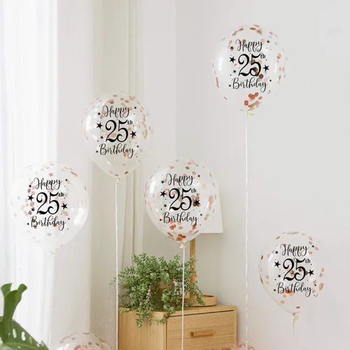Vista 2 de Globos de látex de confeti de oro rosa con el número 25, decoración de globos de fiesta de cumpleaños de 25 años con confeti, 12 pulgadas, paquete