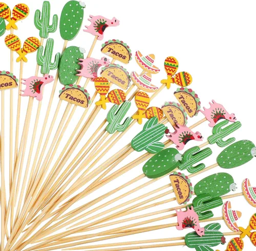 100 piezas de decoración para cupcakes, fiesta mexicana, surtido tropical, palillo de dientes, llama, cactus, sombrero mexicano, hecho a mano,